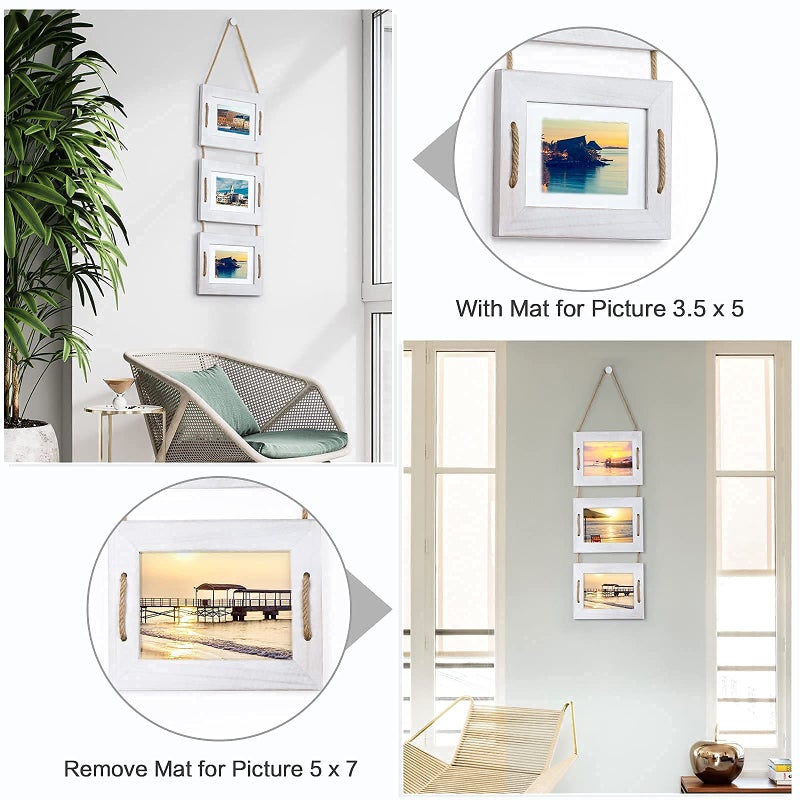DLQuarts 5x7 Hanging Picture Frames Collage Wall Decor, 3-Opening Photo Frame 5x7 Without Mat & 3.5x5 with Mat, Rustic Wood 3-Frame, Vintage White - Image 3